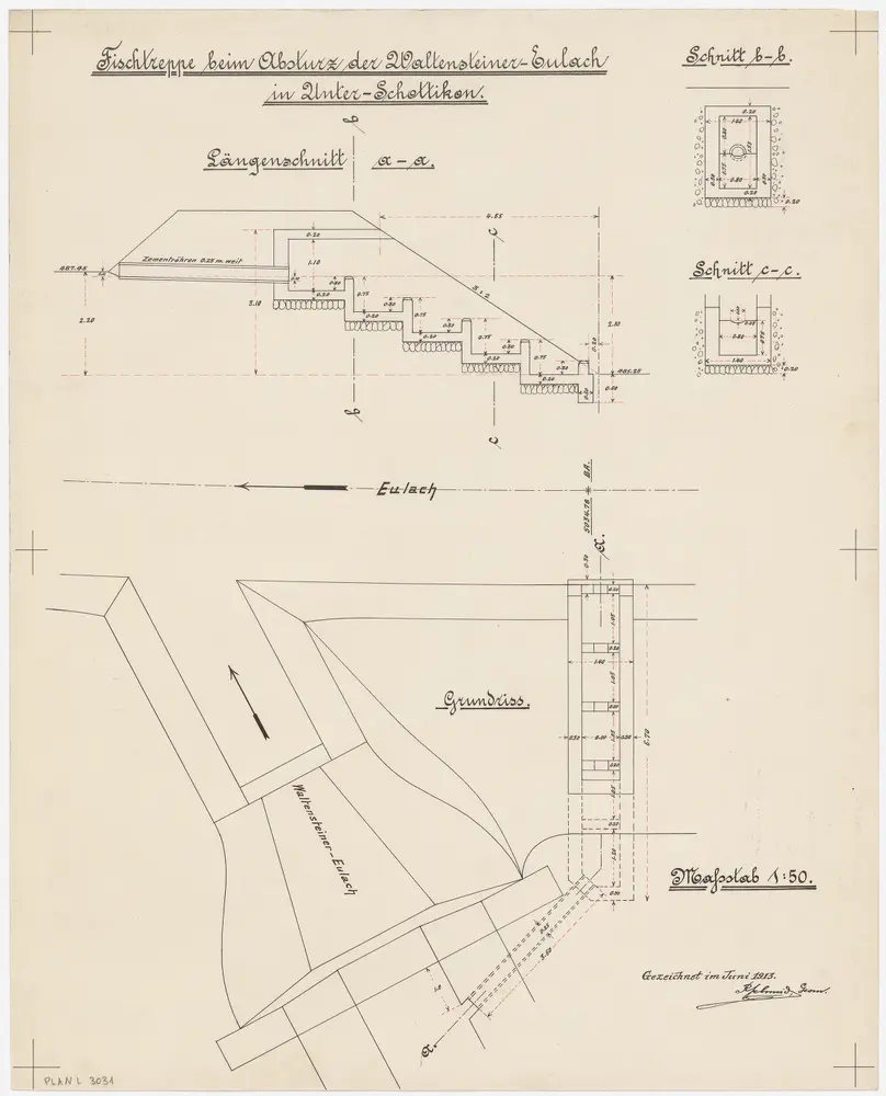 Elsau: Waltensteiner-Eulach in Unterschottikon, Fischtreppe beim Absturz; Grundriss und Längsschnitt (Tösszuflüsse rechts Ufer, Nr. 13)