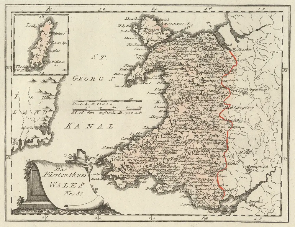 Das Fürstenthum Wales. Nro. 85. [Karte], in: Schauplatz Der Fünf Theile Der Welt, S. 188.