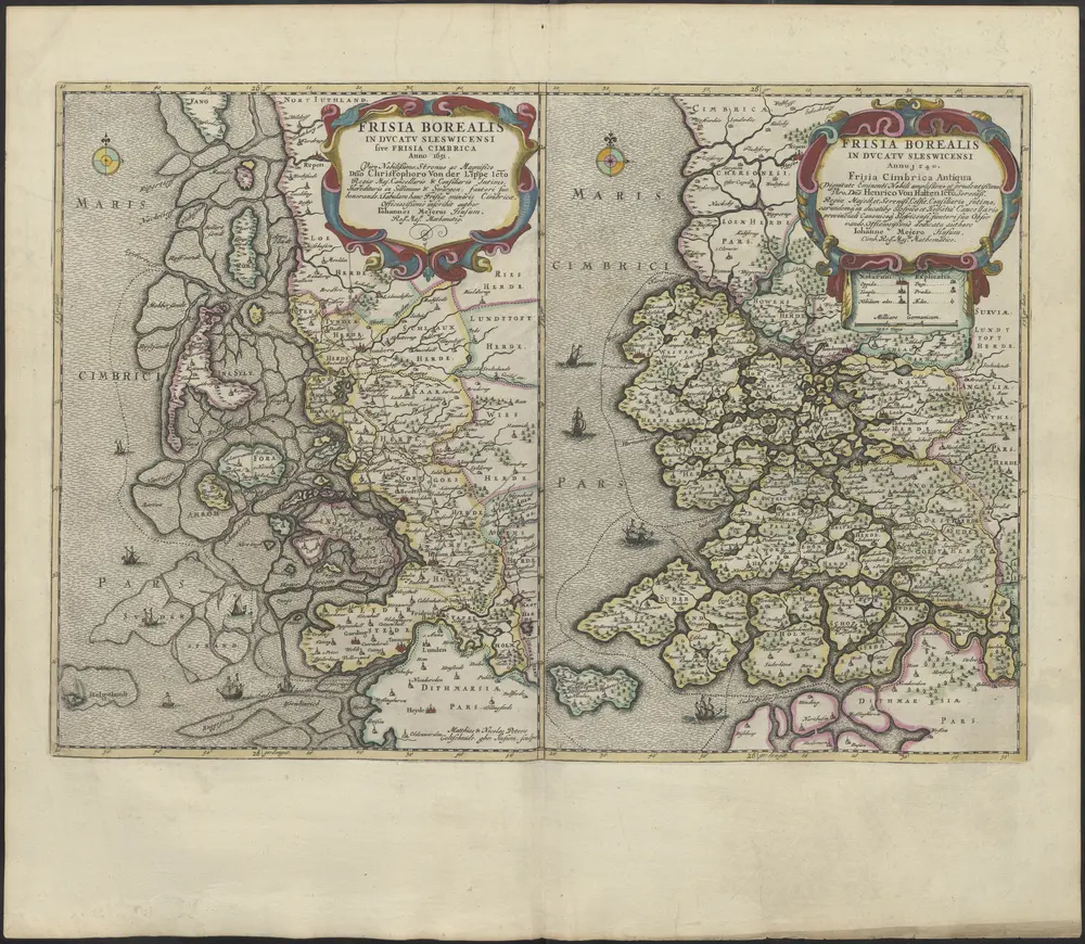 [left] FRISIA BOREALIS | IN DVCATV SLESWICENSI | sive FRISIA CIMBRICA | Anno 1651. [right] FRISIA BOREALIS | IN DVCATV SLESWICENSI | Anno 1240. | Frisia Cimbrica Antiqua.