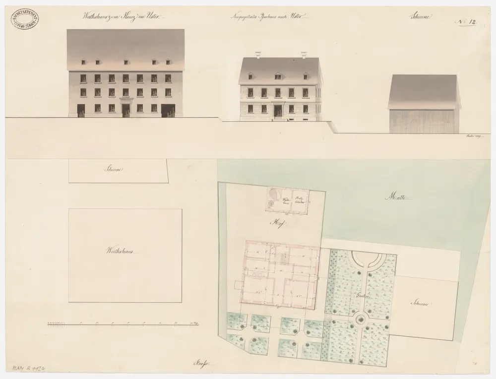 Uster: Wirtshaus zum Kreuz, projektiertes Pfarrhaus und Wasch- und Holzhaus sowie Scheune (Variante 2); Grundriss und Ansicht (Nr. 12)