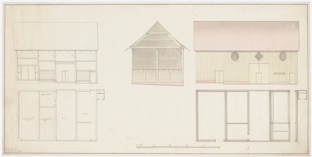 Egg: Pfarrscheune; Ansicht, Grundrisse und Quer- und Längsschnitte
