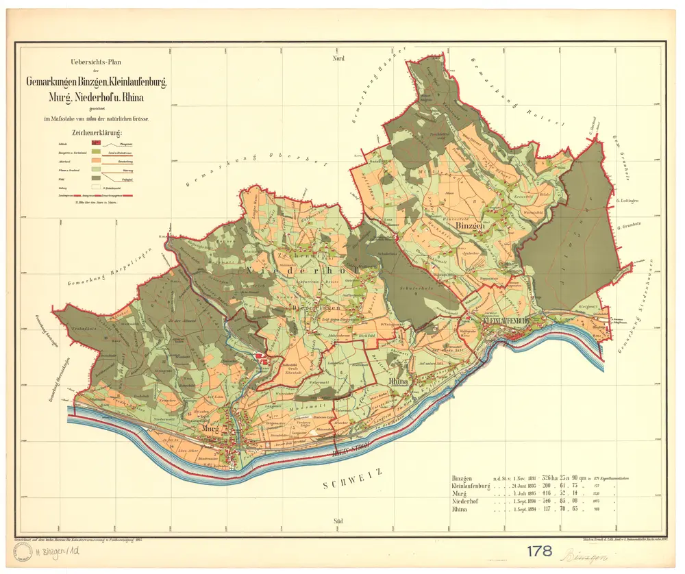 Binzgen, Stadt Laufenburg (Baden), WT mit Kleinlaufenburg, Murg, Niederhof und Rhina. GLAK H-1 Gemarkungspläne