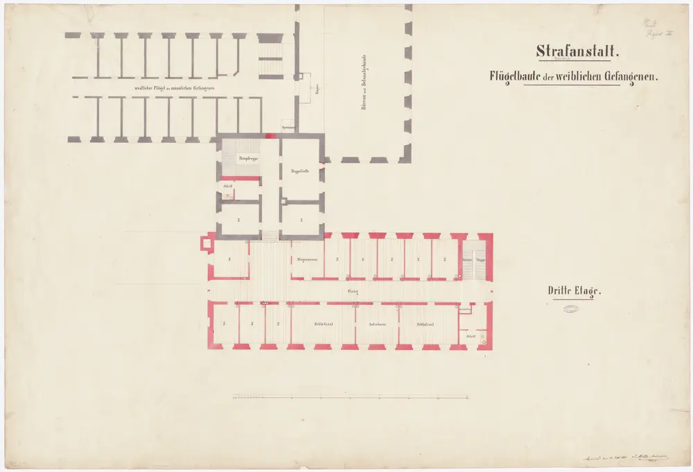 Kantonale Strafanstalt Oetenbach: Um- und Ausbau; Flügel für weibliche Gefangene, 3. Stock; Grundriss (2. Projekt)