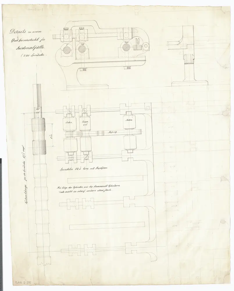 Grobspinnstuhl für Seidenabfälle (240 Spindeln); Detailansichten und -schnitte
