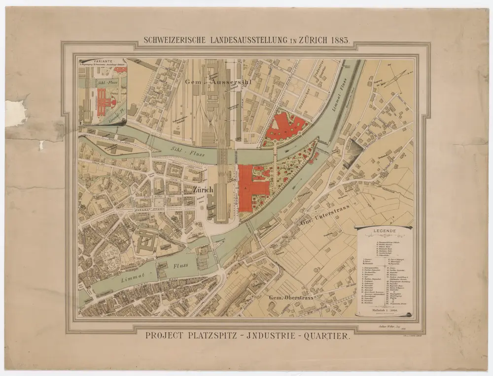 Platzspitz und Industriequartier, projektierte Gebäude für die Schweizerische Landesausstellung 1883 in Zürich; Situationsplan