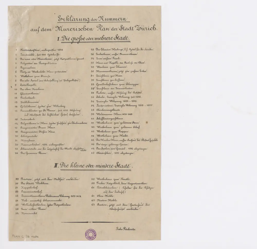 Legende zur Holzschnitt-Planvedute (Ansichtsplan) der Stadt Zürich (Murer-Plan) von 1576