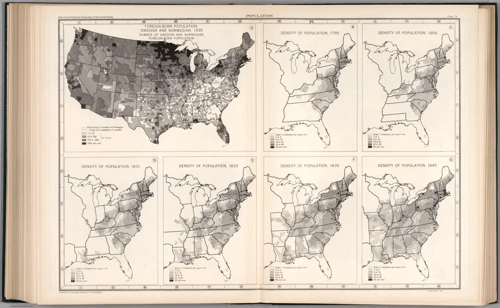 Plate 76.  Population.  Foreign-Born Population, Swedish and Norwegian, 1790.  Density of Population, 1800 - 1840.