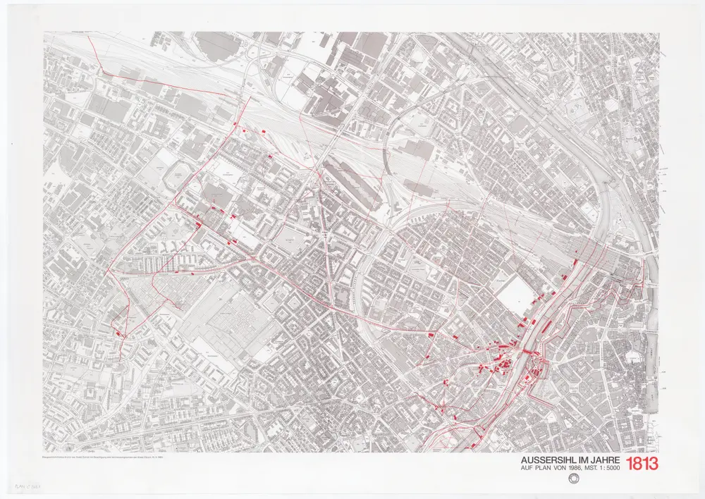 Historische Bauzustände der Zürcher Aussenquartiere in 48 Blättern: Aussersihl im Jahre 1813 auf einem Plan von 1986; Übersichtsplan