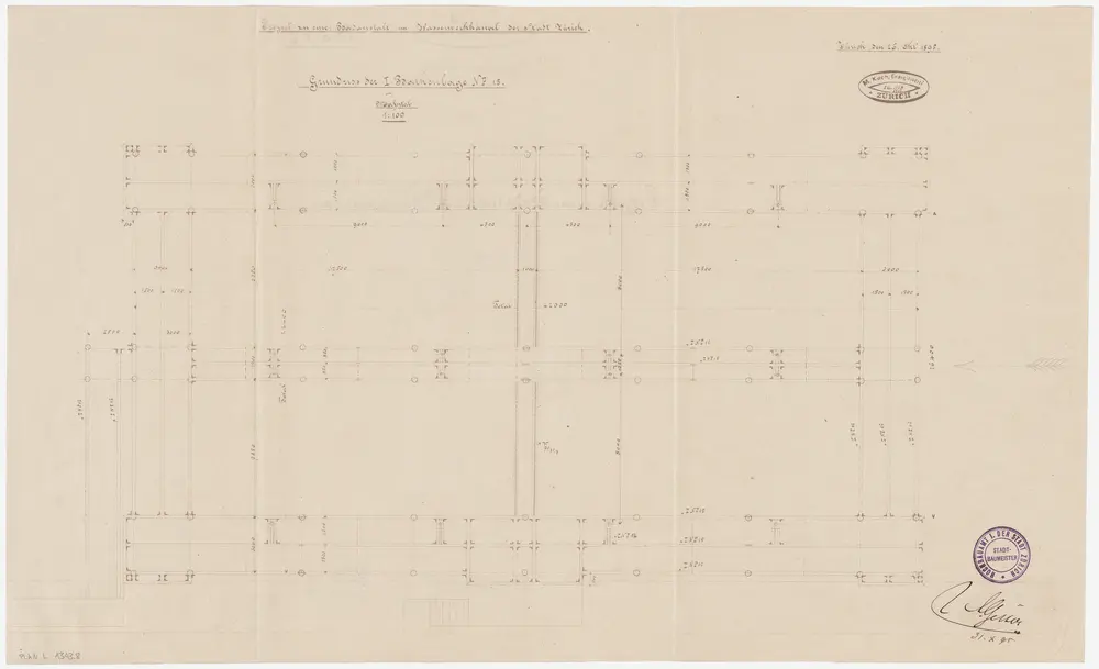 Zürich: Beim Letten, Badeanstalt beim Wasserwerkkanal, Projekt und Konstruktion: Balkenlage; Grundriss (Blatt 3)