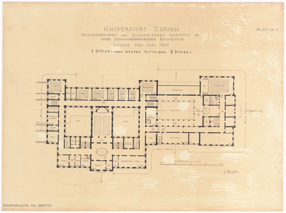 Universität Zürich, projektiertes Kollegienhaus und projektiertes Zoologisches Institut: 1. Stock des Westbaus, 2. Stock des Mittelbaus; Grundriss (Nr. 4)