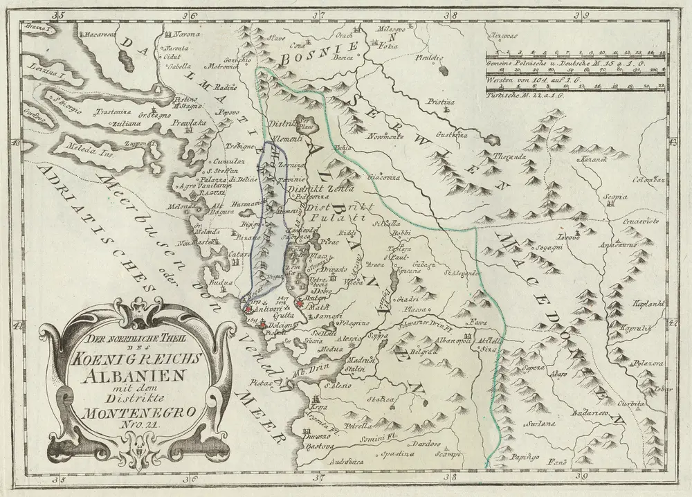 Der Noerdliche Theil Des Koenigreichs Albanien mit dem Distrikte Montenegro Nro. 21. [Karte], in: Schauplatz Der Fünf Theile Der Welt, S. 60.