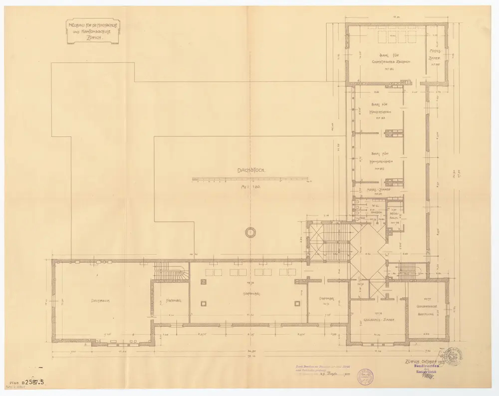 Universität Zürich (Chemisches Institut) und Kantonsschule Zürich, Neubau Rämistrasse 76: Ansichten, Grundriss und Schnitte: Dachstock; Grundriss