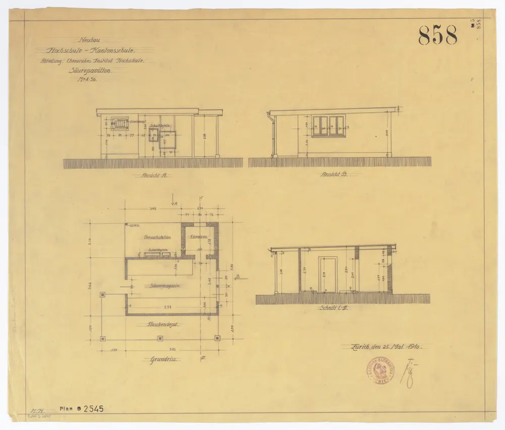 Universität Zürich (Chemisches Institut) und Kantonsschule Zürich, Neubau Rämistrasse 76: Abteilung Hochschule, Säurepavillon; Ansichten, Grundriss und Schnitt