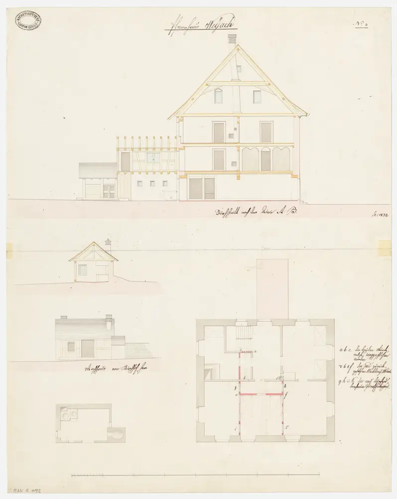 Weiach: Pfarrhaus mit Waschhaus; Grundriss, Ansicht und Querschnitt des Waschhauses sowie Grundriss des 2. Stocks und Querschnitt des Pfarrhauses (Nr. 4)