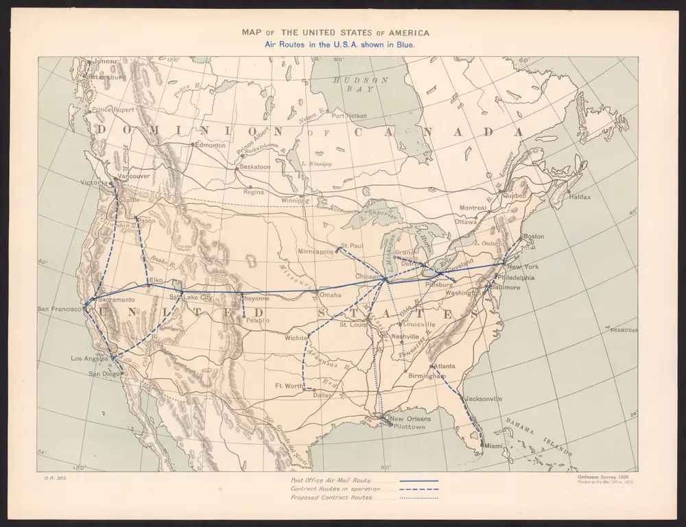 Map showing the United States of America : Air routes in the U.S.A. shown in blue.