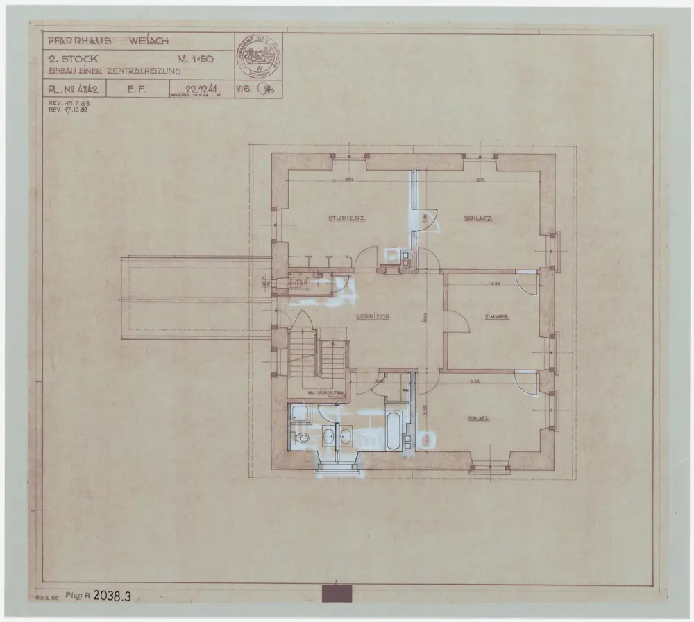 Weiach: Pfarrhaus, Einbau einer Kaminanlage und einer Zentralheizung: Einbau einer Zentralheizung, 2. Stock; Grundriss