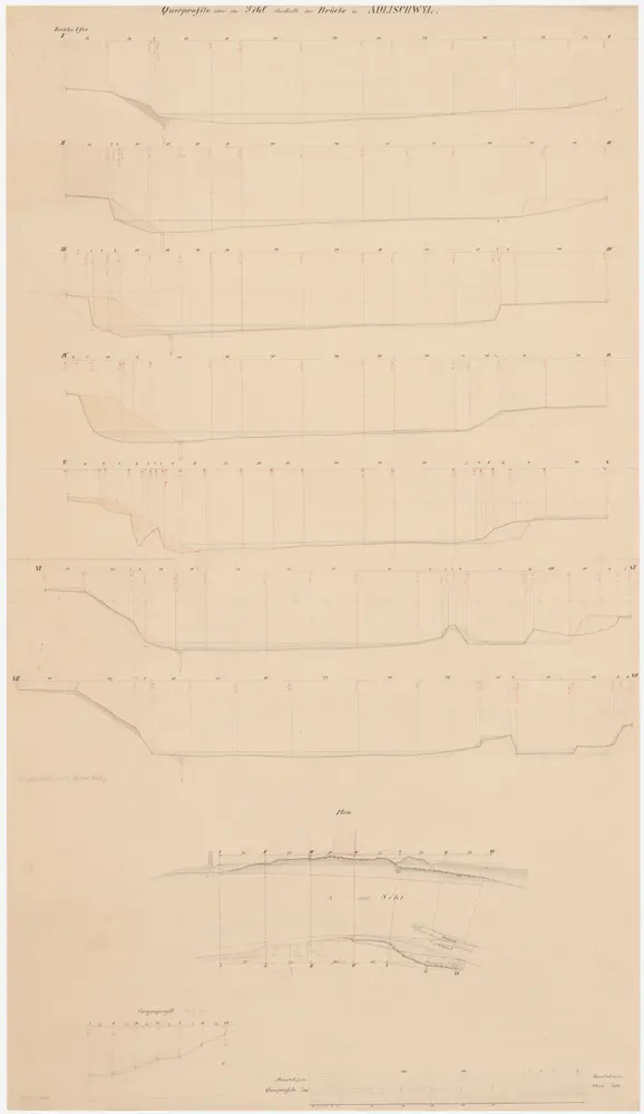 Adliswil: Sihl oberhalb der gedeckten Brücke; Querprofile, Situationsplan und Längsprofil
