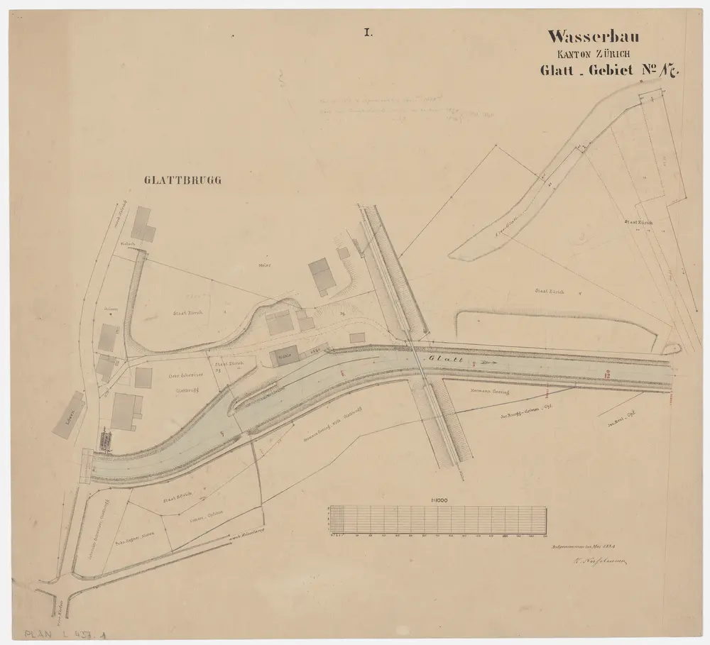Opfikon: Glatt von der Brücke oberhalb Glattbrugg bis unterhalb der Kehrbrücke in Glattbrugg; Grundrisse (Glatt-Gebiet Nr. 17): Blatt I: Glatt bei der Brücke in Glattbrugg; Grundriss (Glatt-Gebiet Nr. 17)