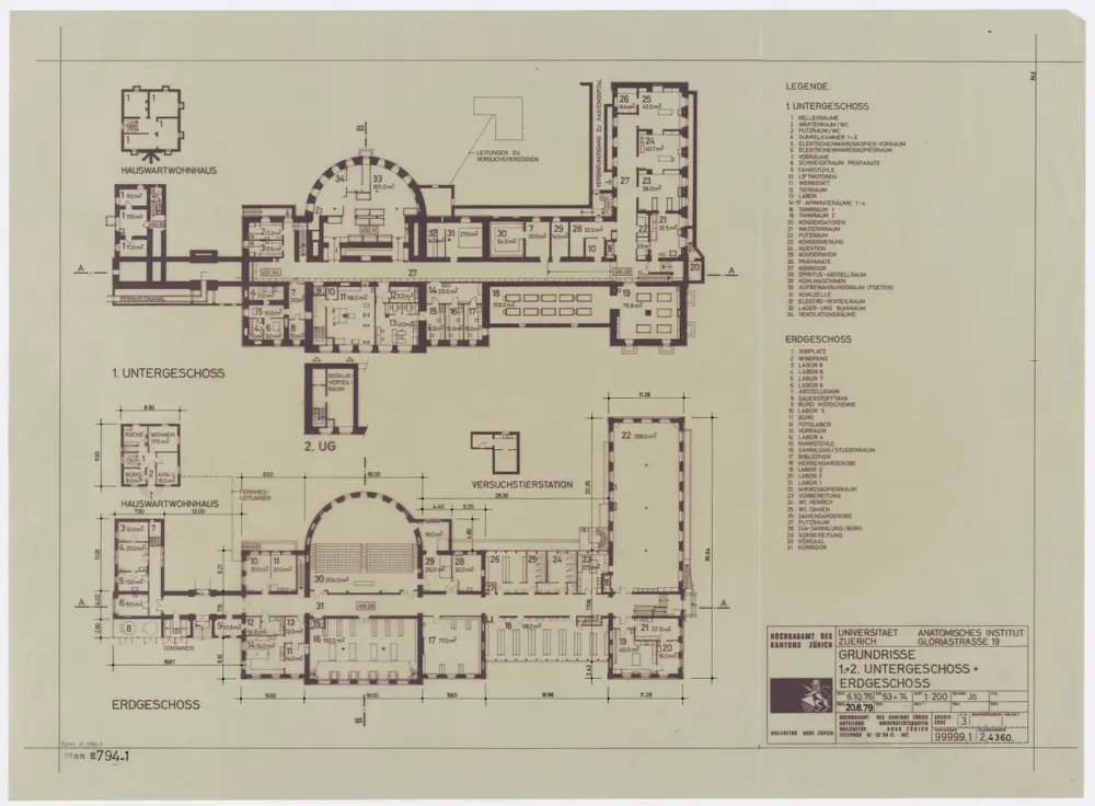 Zürich: Universität, Anatomie; Ansichten, Grundrisse und Schnitte: 1. und 2. Untergeschoss und Erdgeschoss; Grundrisse