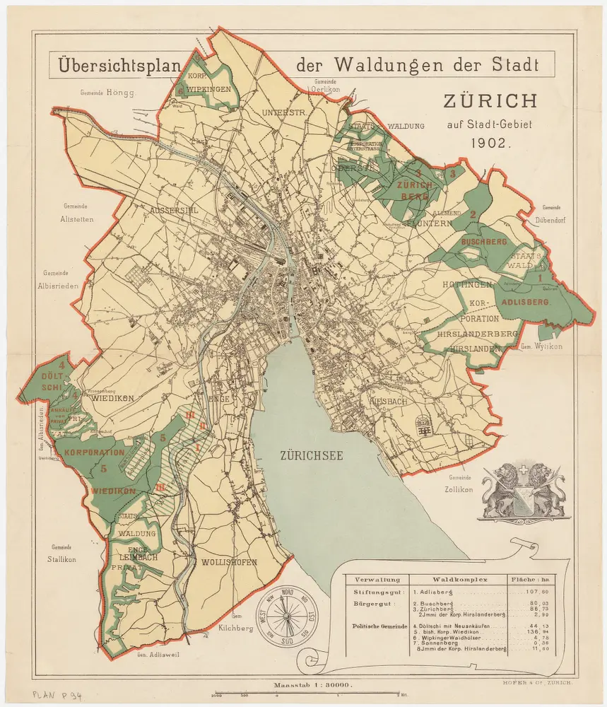 Zürich: Der Stadt gehörende Waldungen auf Stadtgebiet; Übersichtsplan