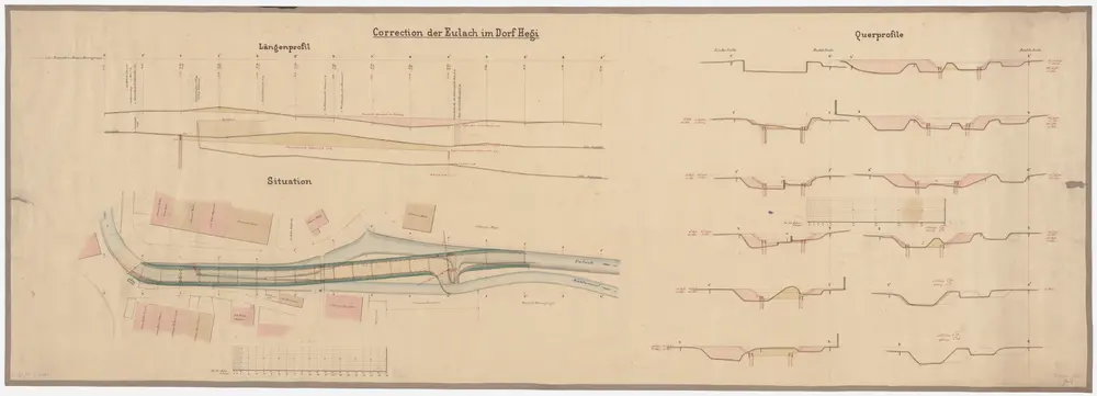 Oberwinterthur: Bei Hegi, Eulachkorrektion; Längsprofil, Situationsplan und Querprofile