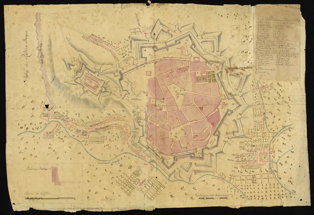 HZAN GA 100_Nr. 773_ : Brünn und Spielberg; "Plan der Stadt Brünn und Festung Spielberg" [Festungsplan];ohne Verfasser;24 Klafter = 14,5 cm;87,5 x 59 cm;Kartenrand: Schwabengasse-kleine Neue Gasse; Zeille-Canal aus der Zwieckau; Neustift-Canal aus der Schwartze; Anfang des Rothen Berges-Königinkloster;Papier; Siedlung in Wasserfarben; rechts oben Erklärung.