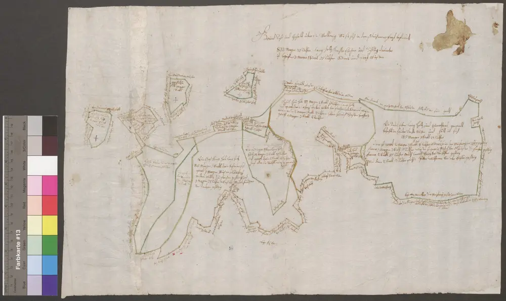 HZAN GA 100_Nr. 90_ : Gleichen (Kr. Öhringen); "Grundriß ... über die Waldung im Gleichener Forst";ohne Verfasser; ohne Maßstab;49 x 33 cm;Papier; Federzeichnung; Grenzen farbig ausgezogen;Eintrag der Waldstücke, Meßgehalt und Anlieger.