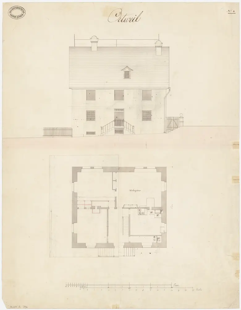 Oetwil am See: Pfarrhaus; Ansicht und Grundriss des Erdgeschosses (Nr. 4)