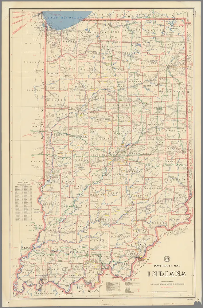 Post Route Map of the State of Indiana Showing Post Offices ... September 3, 1957.