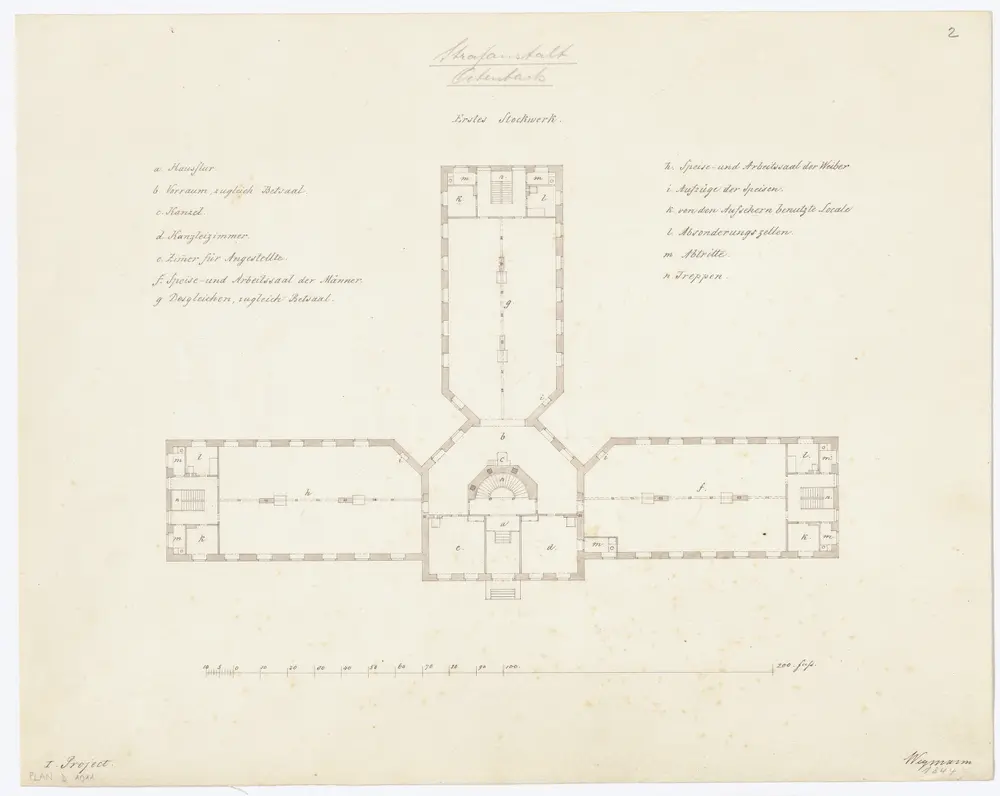 Kantonale Strafanstalt, projektierter Neubau: 1. Stock; Grundriss (1. Projekt)