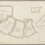 HZAN GA 100_Nr. 238_ : Langenburg-Neuhof; "Geometrischer Riß über die dies Jahr mit Winter-Frucht angebaut gewesenen District des hochherrschaftlichen Neuenhofs";J.C. Rübel;40 Ruten = 14,4 cm;75 x 40 cm; Norden oben;Papier; Federzeichnung; Grenzen in Wasserfarben.