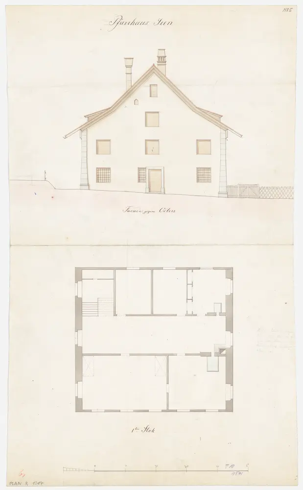 Seen: Pfarrhaus; Grundriss des 1. Stocks und Ostansicht (Nr. 5)