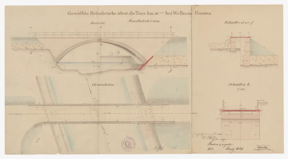 Bauma: Projektierte gewölbte Betonbrücke über die Töss bei Wellnau; Seitenansicht, Grundriss und Schnitte