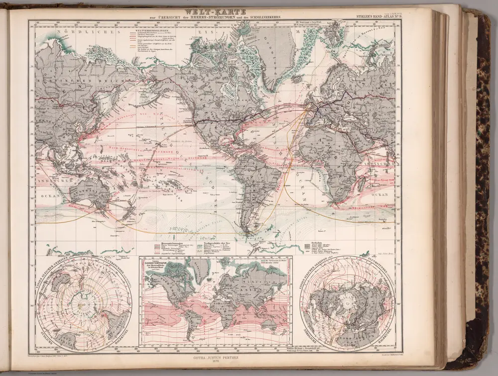 Welt-Karte zur Ubersicht der Meeres-Stromungen und der Schnellverkehrs. (Land and Sea Routes).