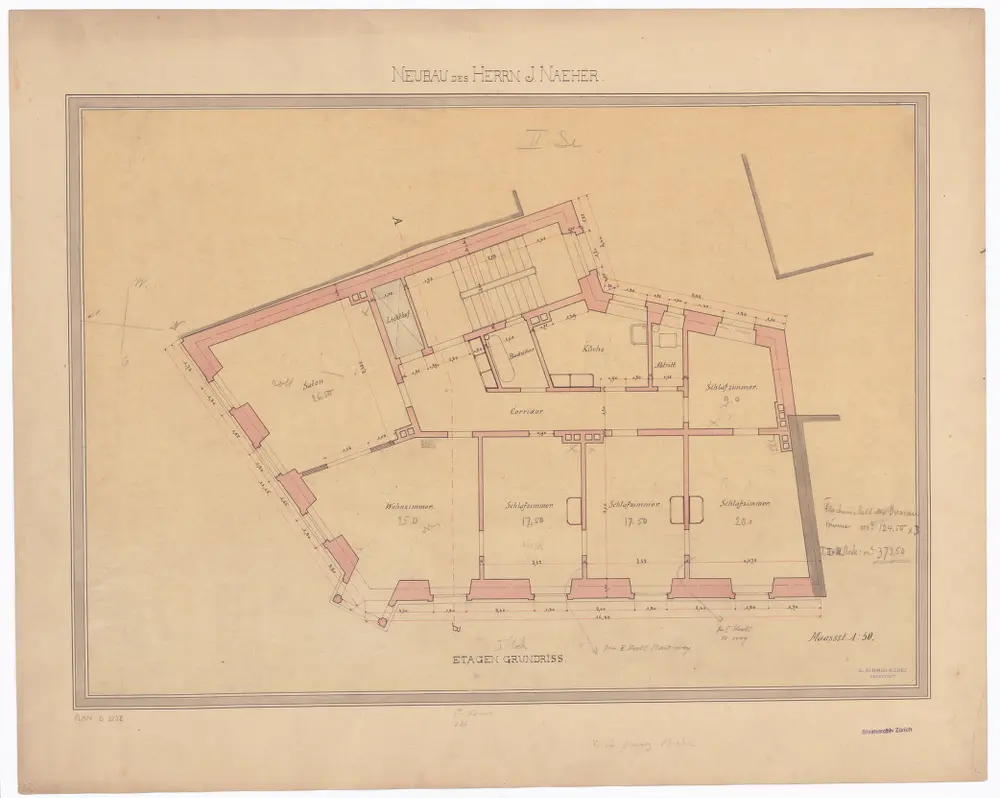 Neubau des J. Naeher, Obmannamtsgasse 21 : 1. bis 3. Stock; Grundriss