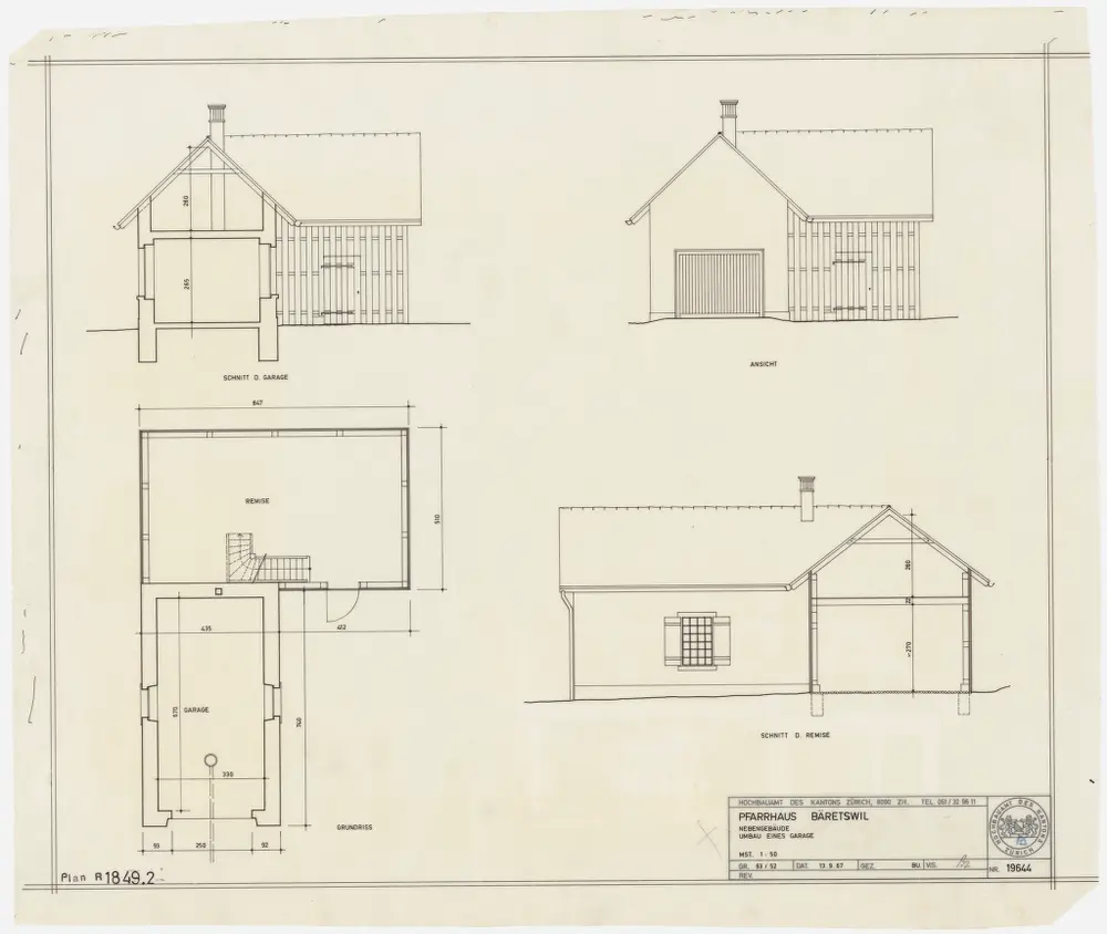 Bäretswil: Nebengebäude, Remise und Garage: Remise und Garage, Umbau der Garage; Grundriss, Ansicht und Querschnitte durch Remise und Garage