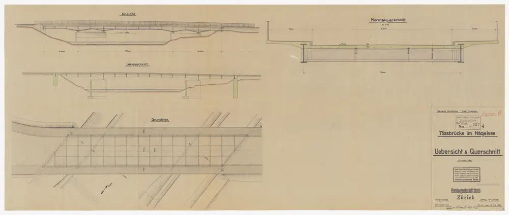 Winterthur: Tössbrücke im Nägelsee; Seitenansicht, Grundriss, Quer- und Längsschnitt