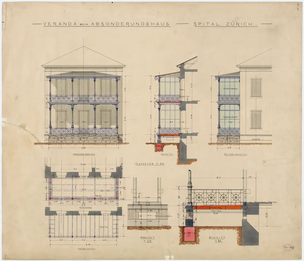 Zürich: Kantonsspital, Absonderungshaus, Veranda-Anbau; Ansichten, Grundrisse und Schnitte