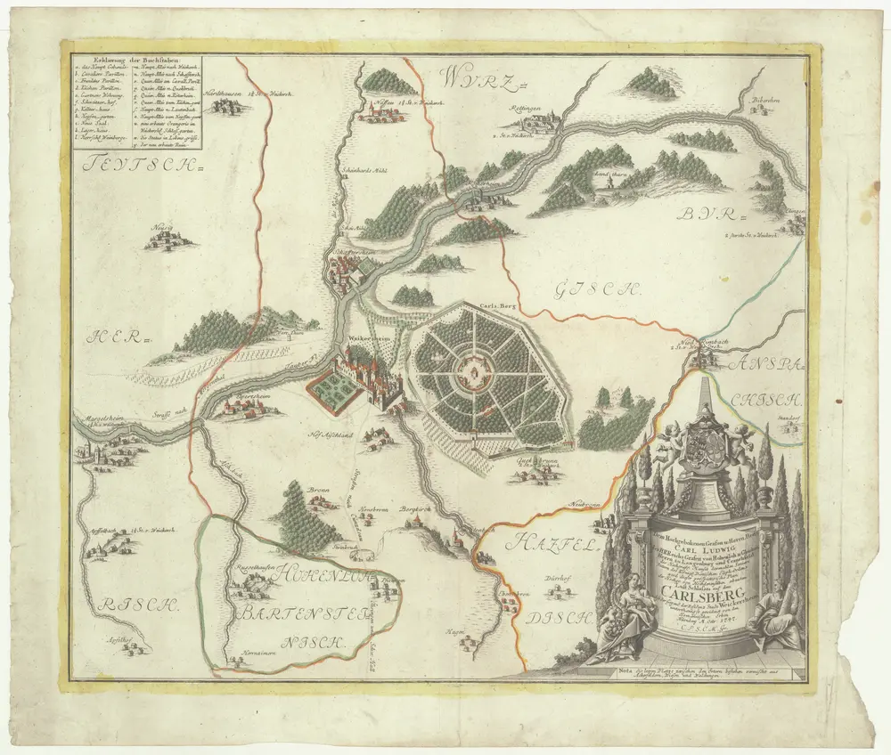 Dem hochgebohrnen Grafen u. Hernn, Herrn Carl Ludwig des H.R. Reichs Grafen von Hohenloh u. Gleichen, Herrn zu Langenburg und Cranchfeld des Hochgraefl. Hauses dermahlen Seniori Rittern des Königl. Daenischen Eliph. Ordens wird dieser prospectivische Plan der Hochgr. von hochdenenselben erbauten Luft Schlosses auf dem Carlsberg nebst der Gegend Rezidenz Stadt Weickersheim