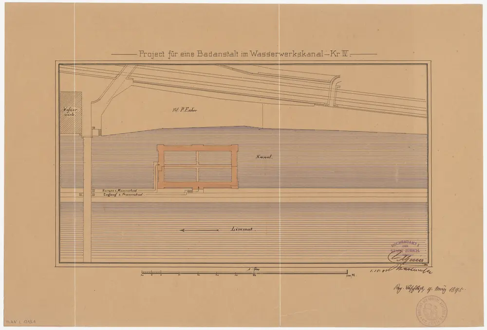 Zürich: Beim Letten, Badeanstalt beim Wasserwerkkanal, Projekt und Konstruktion: Situationsplan