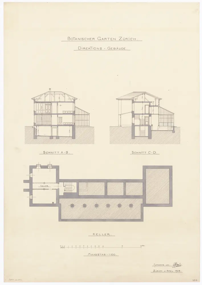 Botanischer Garten, Direktionsgebäude: Kellergrundriss und Schnitt