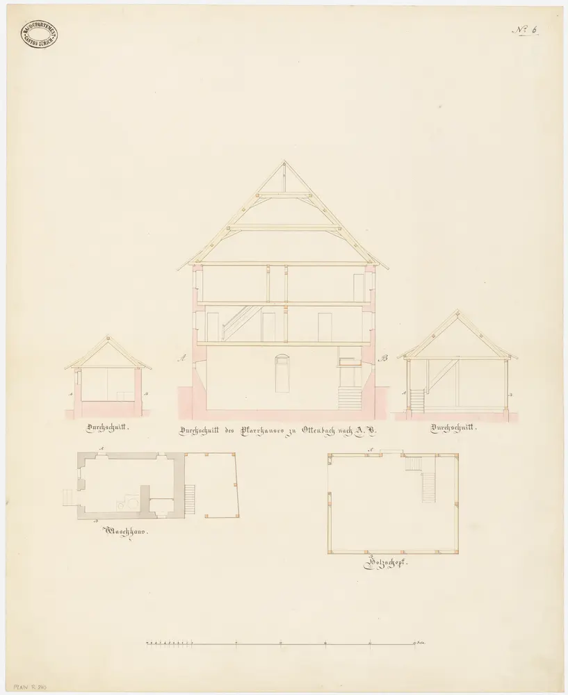 Ottenbach: Pfarrhaus, Waschhaus und Holzschuppen; Grundrisse des Holzschuppen und des Waschhauses und Querschnitte (Nr. 6)