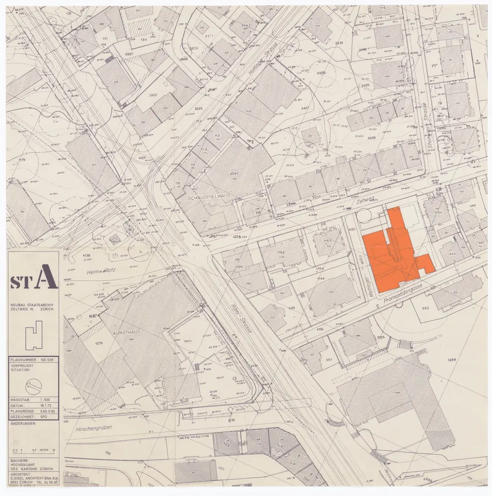 Staatsarchiv des Kantons Zürich, projektierter Neubau zwischen Zeltweg, Wettingerwies und Promenadengasse: Vorprojekt: Situationsplan