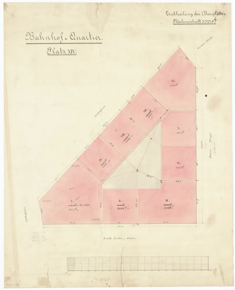 Bahnhofquartier, Bauabteilung 14, Gebäude an der Seidengasse, Linth-Escher-Gasse und Freienstrasse: Einteilung der Bauplätze; Grundriss