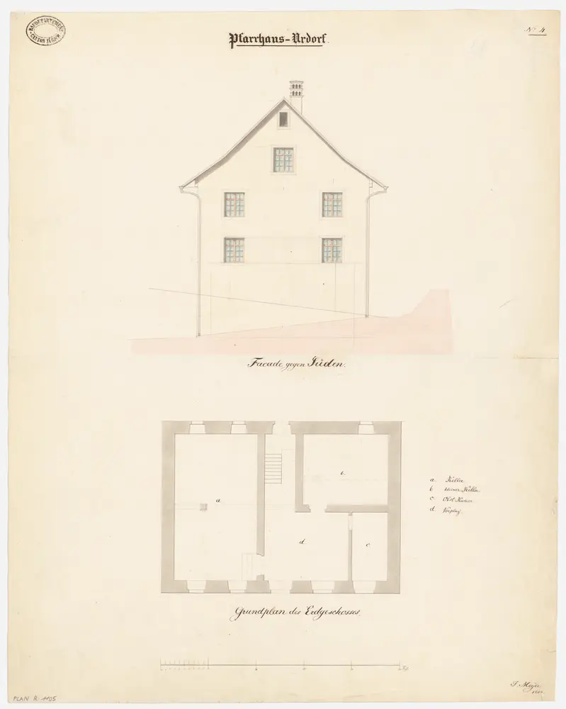 Urdorf: Pfarrhaus; Grundriss des Erdgeschosses und Südansicht (Nr. 4)