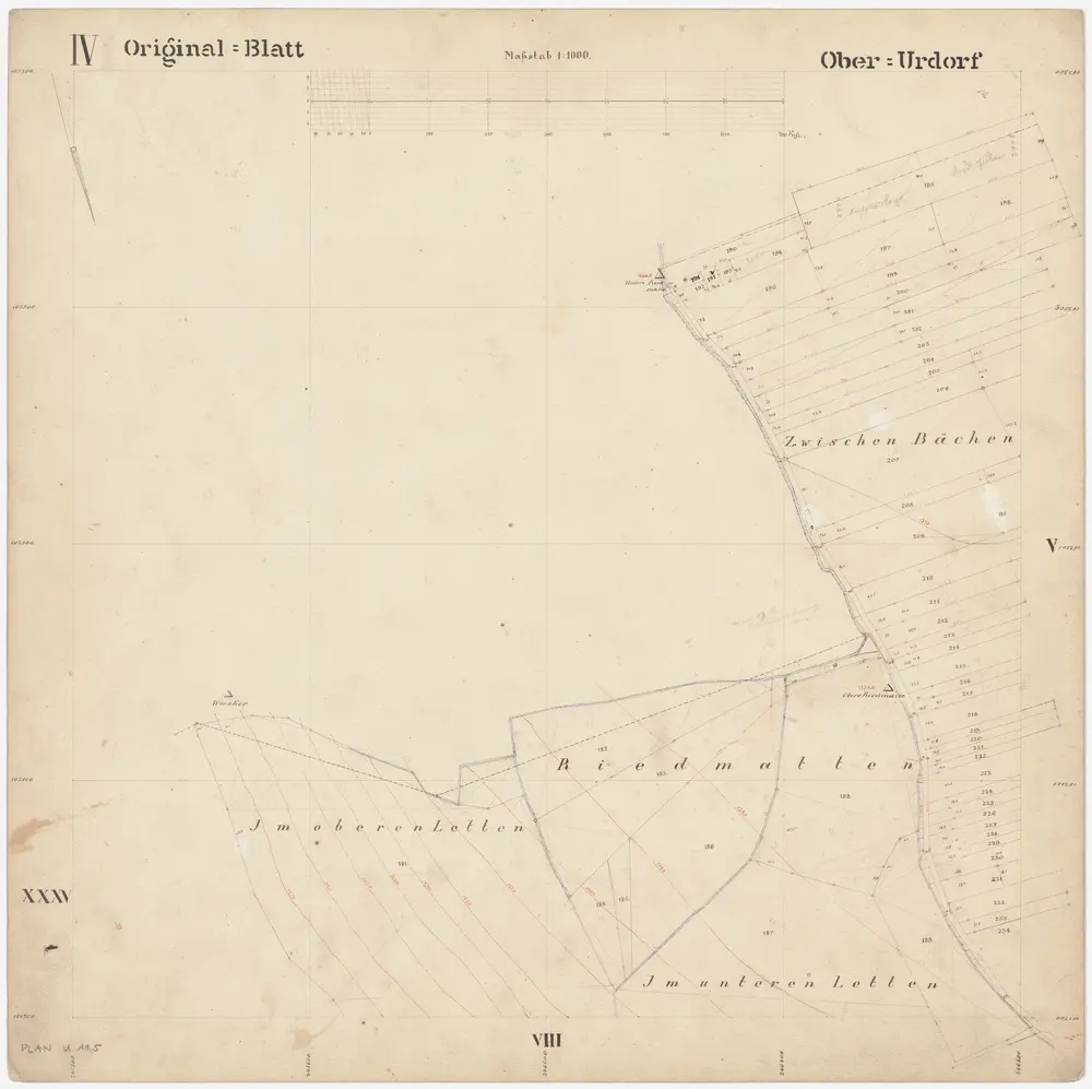 Oberurdorf: Gemeinde; Katasterpläne: Blatt IV: Im oberen Lätten (Letten), Im unteren Lätten (Letten), Riedmatten und Zwischenbächlen (Zwischenbächen); Situationsplan