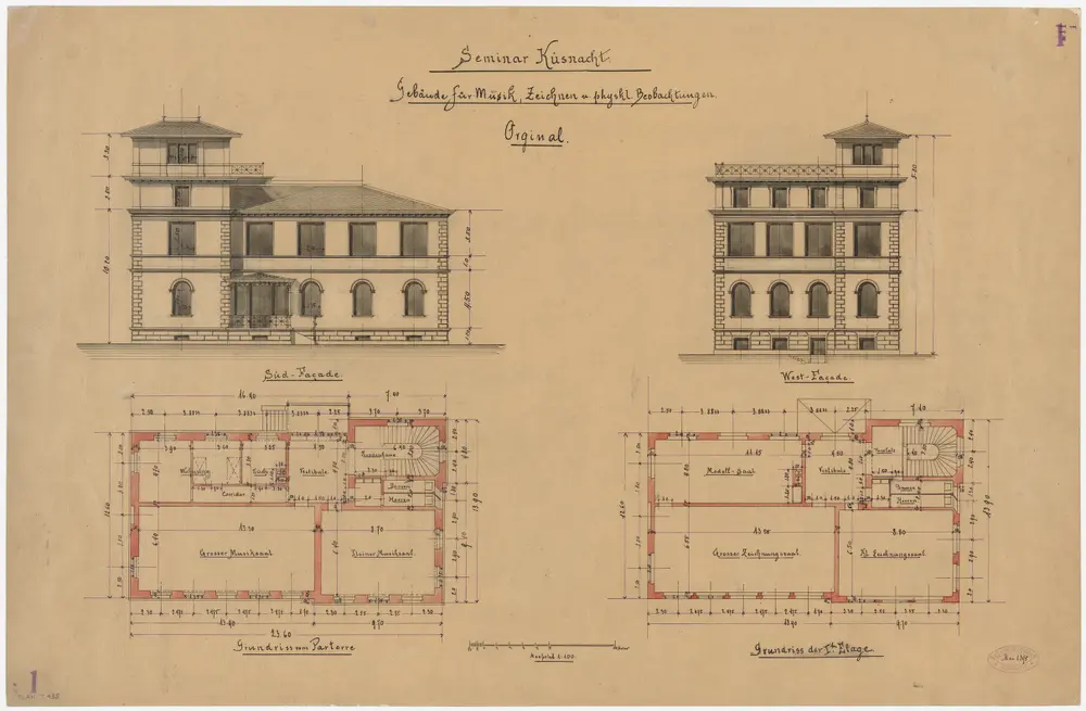 Küsnacht: Lehrerseminar; Gebäude für Musik, Zeichnen und physikalische Beobachtungen; Grundrisse des Erdgeschosses und des 1. Obergeschosses sowie Ansichten der Südfassade und der Westfassade