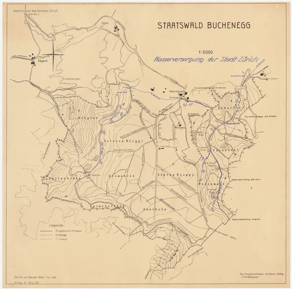 Stallikon, Adliswil, Aeugst am Albis, Langnau am Albis: Staatswaldung Buechenegg: Adliswil, Stallikon, Aeugst am Albis, Langnau am Albis: Wasserversorgungsnetz der Stadt Zürich in der Staatswaldung Buechenegg; Grundriss