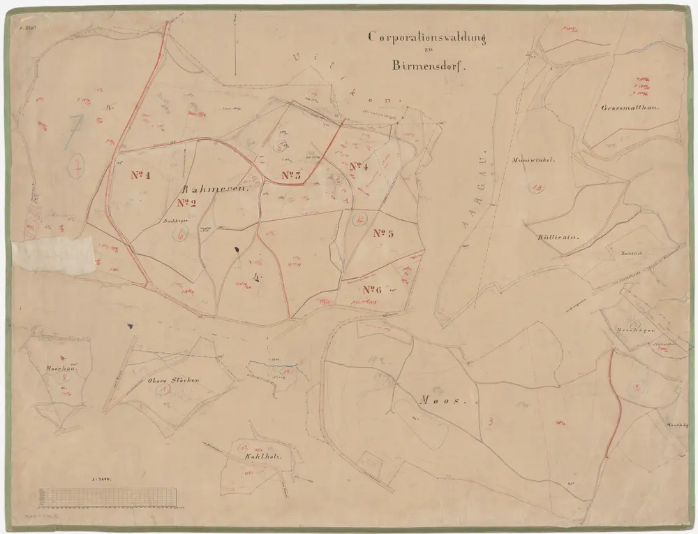 Birmensdorf: Gemeinde- und Genossenschaftswaldungen: Genossenschaftswaldungen Rameren (Rahmeren), Moorhau (Morhau), Cholholz (Kohlholz), Stöcken, Grossmatthau, Muniwinkel, Rütirain (Rüttirain), Buchhölzli, Maas (Moos); Grundrisse