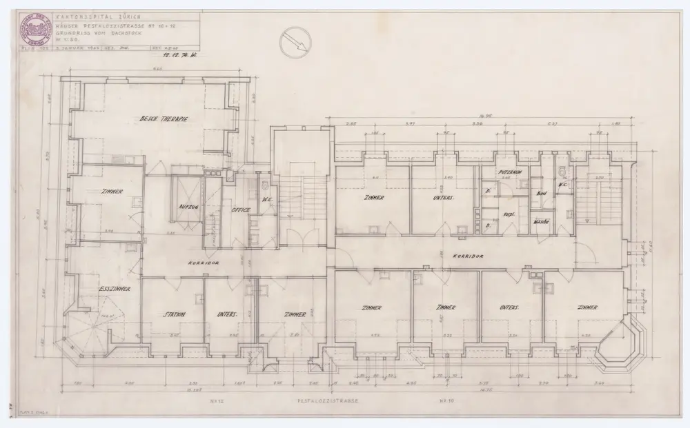 Liegenschaft Pestalozzistrasse 10 und 12, Aussenstation des Kantonsspitals: Grundrisse: Dachstock; Grundriss